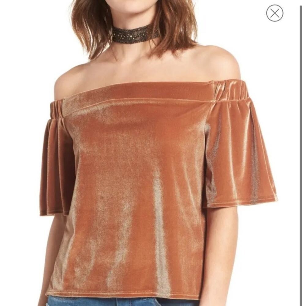 Off The Shoulder Velvet Bell Sleeve Top Copper‎ Bronze Size Large